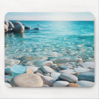 Tapis De Souris Océan Bleu avec Verre de Mer et Pierres sur la Pla