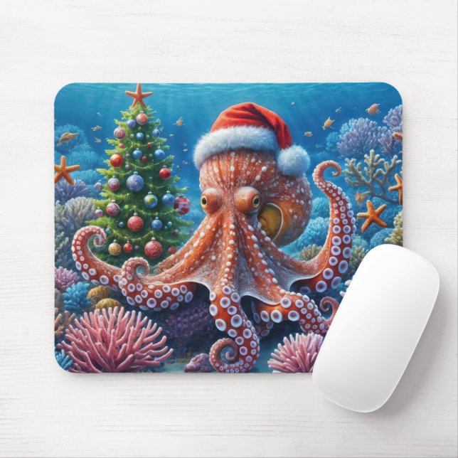 Tapis De Souris Octopie de Noël avec chapeau de Père Noël (Avec souris)