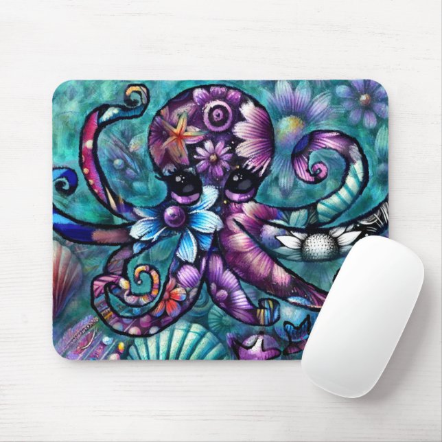 Tapis De Souris Octopus lunaire Floral Turquoise Purple Bleu Côte (Avec souris)