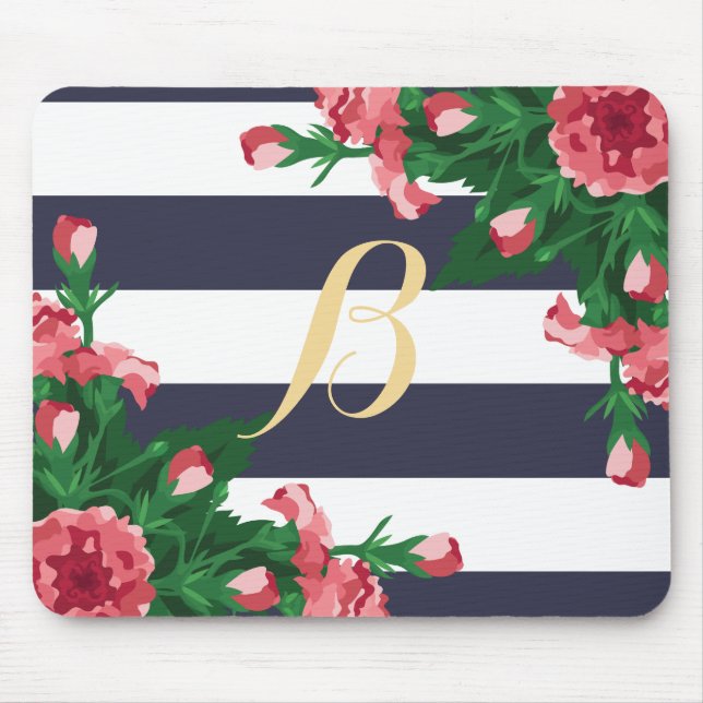 Tapis De Souris Oeillets et monogramme roses de rayures de bleu (Devant)