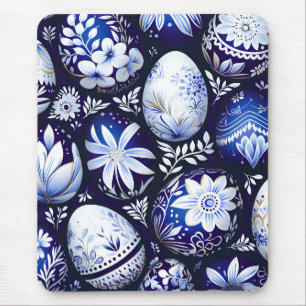 Tapis De Souris Œuf de Pâques Floral de Printemps Bleu Scandinave