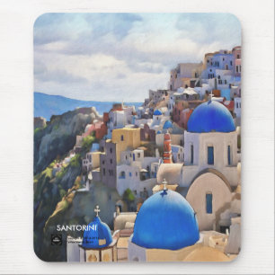 Tapis De Souris Oia, Santorin. Grèce.Peinture à l'huile. Cadeau Mo