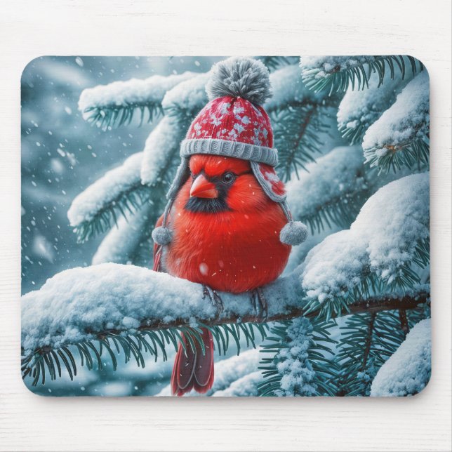 Tapis De Souris Oiseau cardinal rouge portant un Casquette d'hiver (Devant)