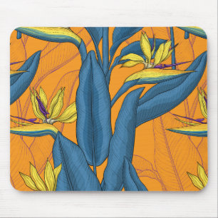 Tapis De Souris Oiseau de fleurs paradisiaques sur orange