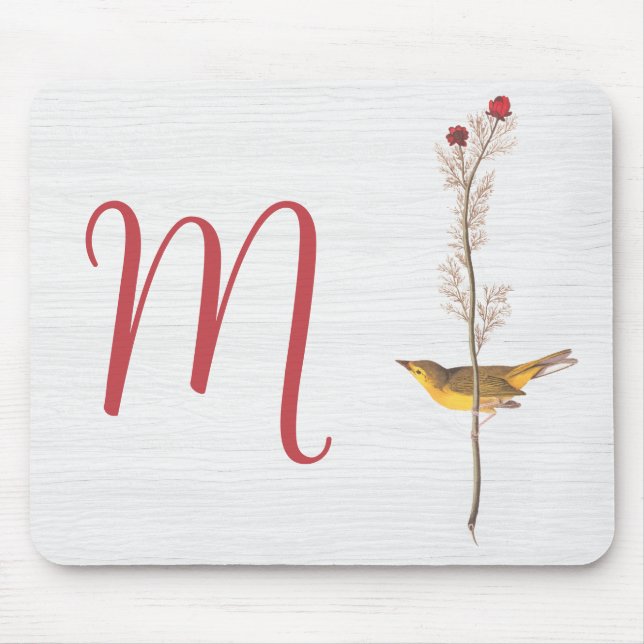 Tapis De Souris Oiseau jaune d'Audubon sur fleur avec monogramme (Devant)
