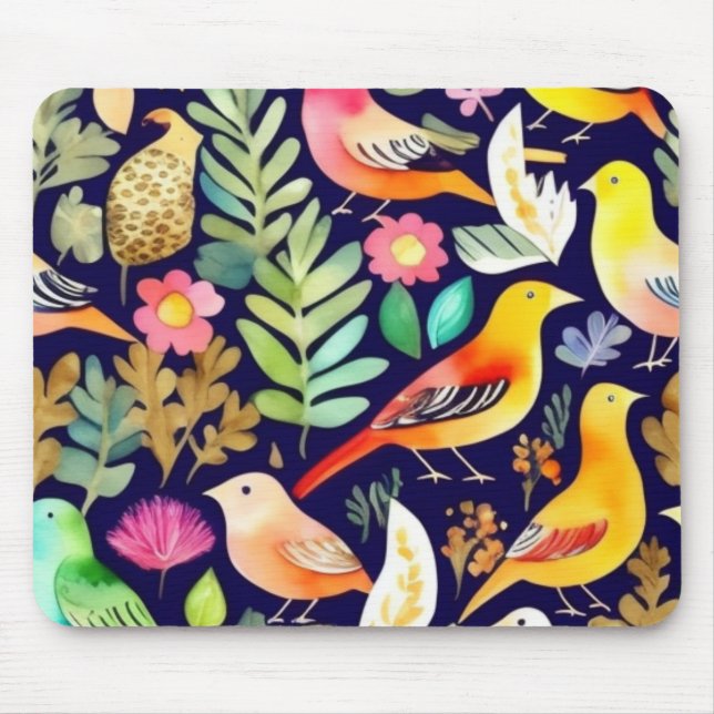 Tapis De Souris Oiseaux colorés motifs floraux décor bleu (Devant)