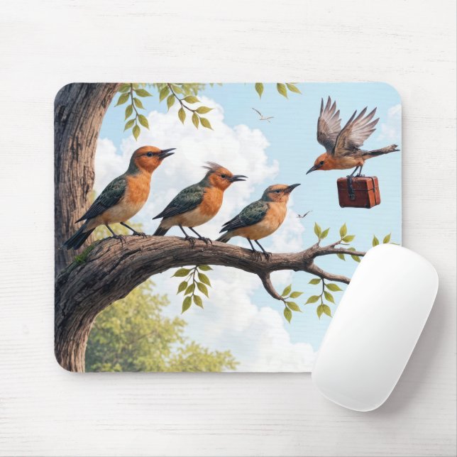 Tapis De Souris Oiseaux d'affaires sur une branche d'arbre (Avec souris)