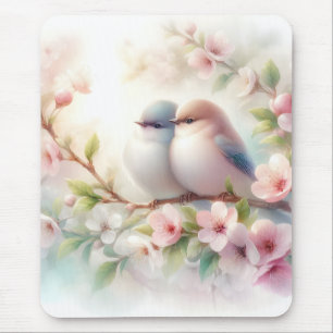 Tapis De Souris Oiseaux d'amour printaniers Fleur de cerisier Flor