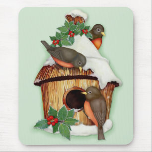 Tapis De Souris Oiseaux d'hiver et maison d'oiseaux