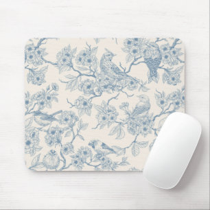 Tapis De Souris Oiseaux et fleurs de cerisier en bleu et blanc cas