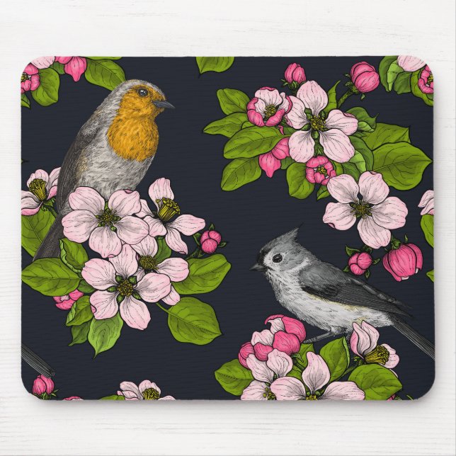 Tapis De Souris Oiseaux et fleurs en noir (Devant)
