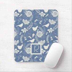 Tapis De Souris Oiseaux et fleurs monogrammes bleus et crémeux