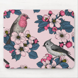 Tapis De Souris Oiseaux et fleurs roses