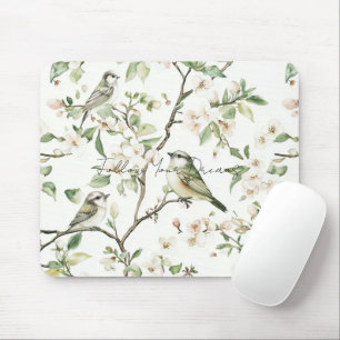 Tapis De Souris Oiseaux verts fleurs blanches arbre