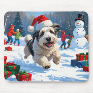 Tapis De Souris Old English Sheepdog Running in Snow Christmas Cas