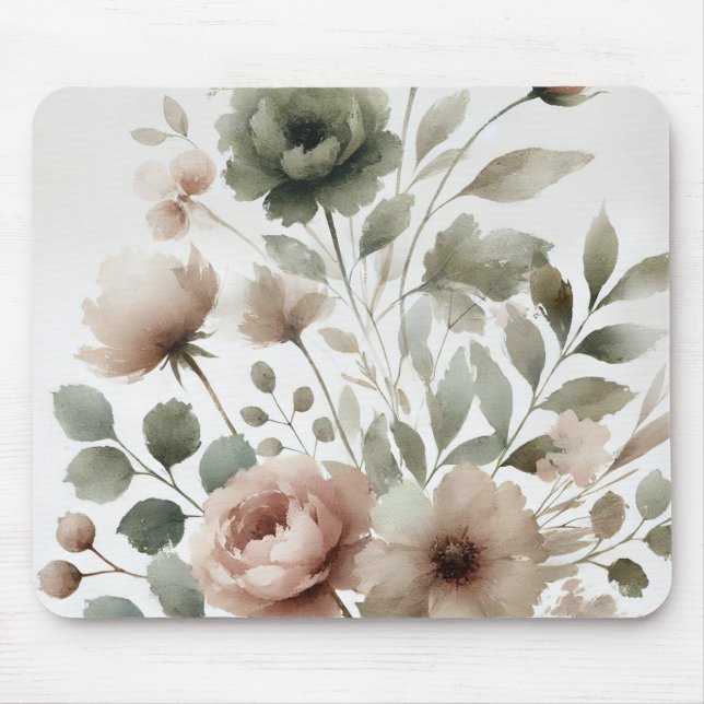 Tapis De Souris Olive et rose pâle Aquarelle Florale moderne (Devant)