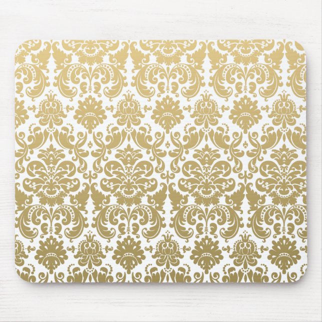 Tapis De Souris Or et motif élégant blanc de damassé (Devant)