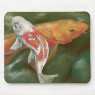 Tapis De Souris Orange and White Koi with Mossy Stones Pastel Art
