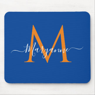 Tapis De Souris Orange et bleu Personnalisé Monogramme Bleu
