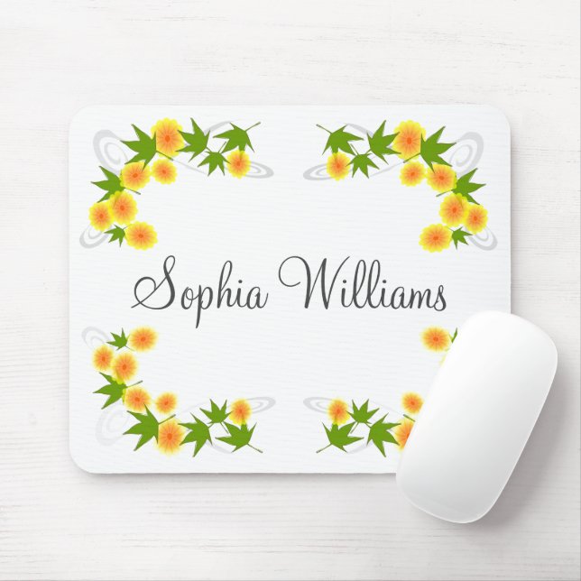 Tapis De Souris Orange fleurs japonaises blanches (Avec souris)