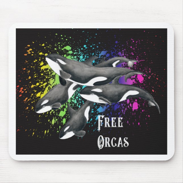 Tapis De Souris Orca Whales Aquarelle Noir (Devant)