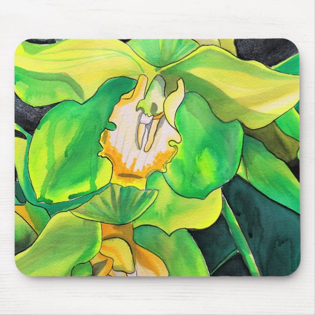 Tapis De Souris Orchidée fleurs vert et jaune art (Devant)