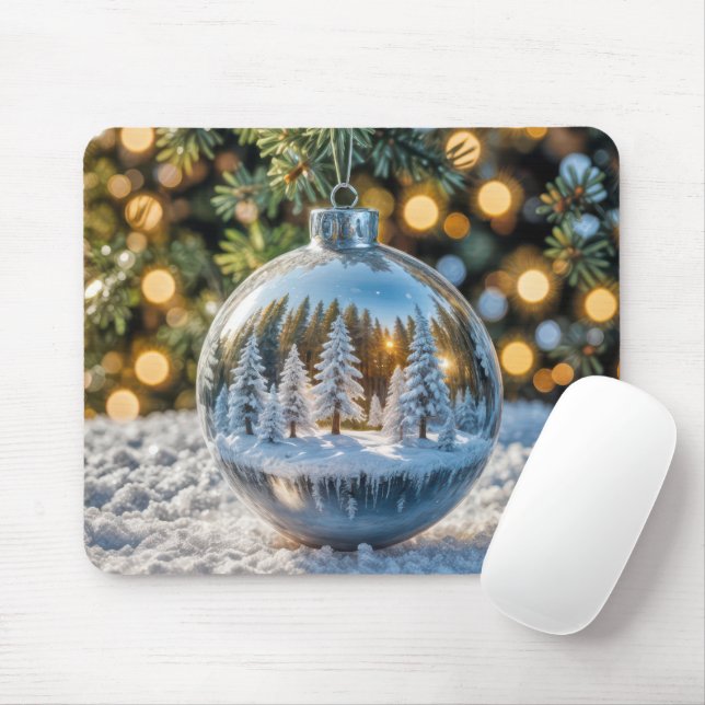 Tapis De Souris Ornement de Noël avec une scène de forêt d'hiver (Avec souris)