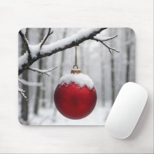 Tapis De Souris Ornement de Noël rouge sur branche enneigée