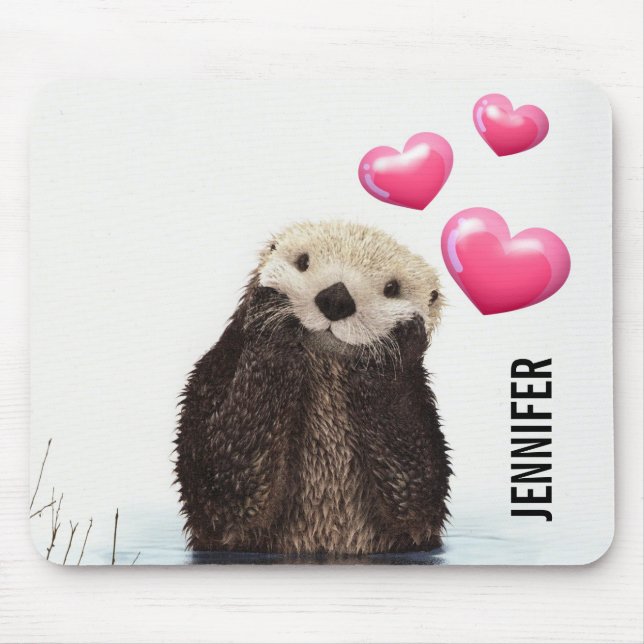 Tapis De Souris Otter mignonne avec Coeurs d'Amour Rose (Devant)