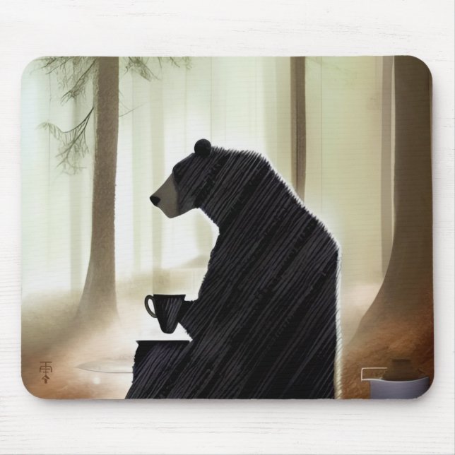 Tapis De Souris Ours Boire du café dans les bois (Devant)