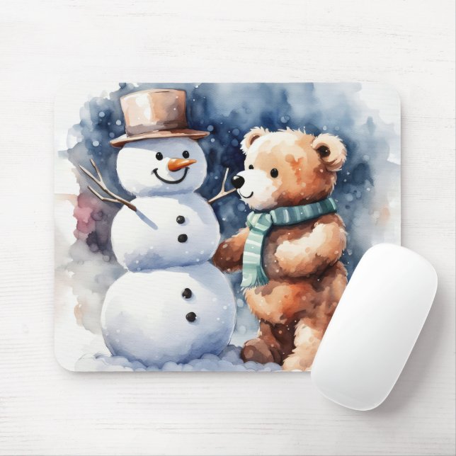 Tapis De Souris Ours En Conduite D'Hiver Et Snowman (Avec souris)