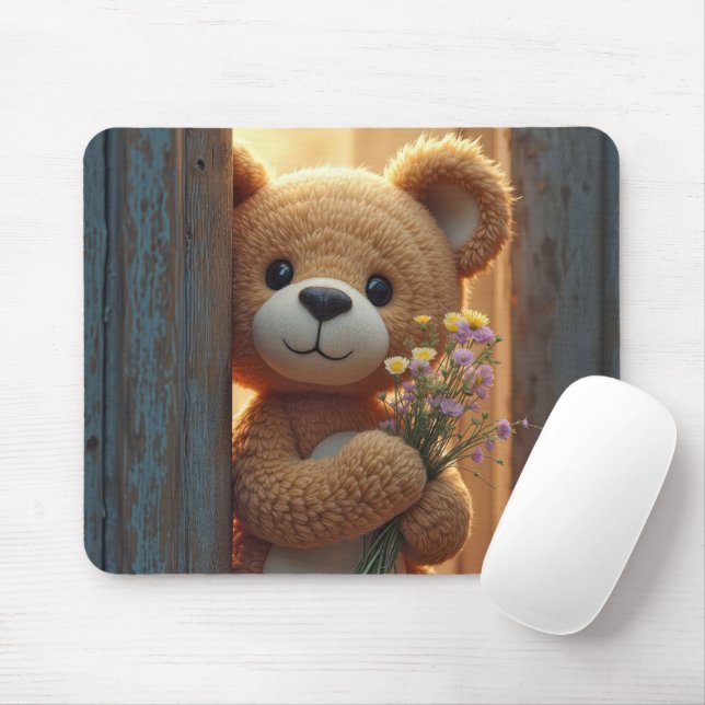 Tapis De Souris Ours en peluche Brown tenant un bouquet Fleur sauv (Avec souris)