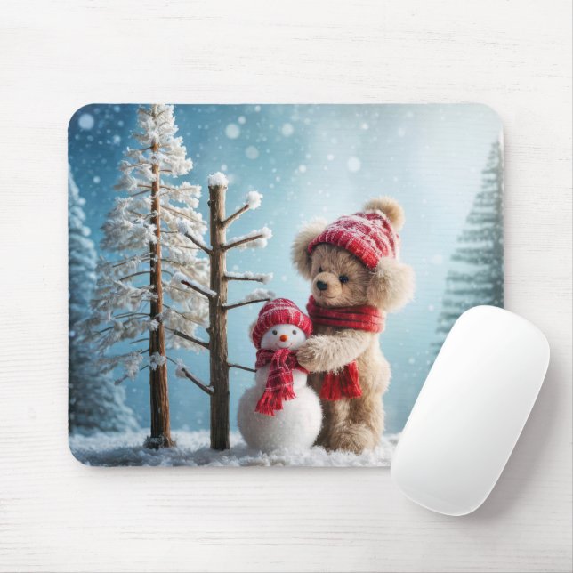 Tapis De Souris Ours en peluche d'hiver et Snowman (Avec souris)