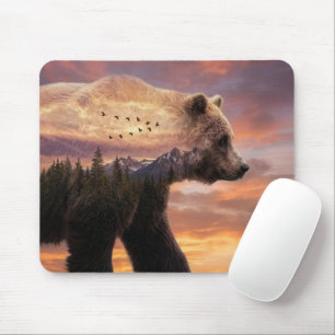 Tapis De Souris Ours grizzly et montagnes en double exposition