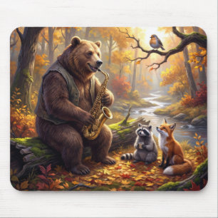 Tapis De Souris Ours jouant du saxophone en forêt automnale