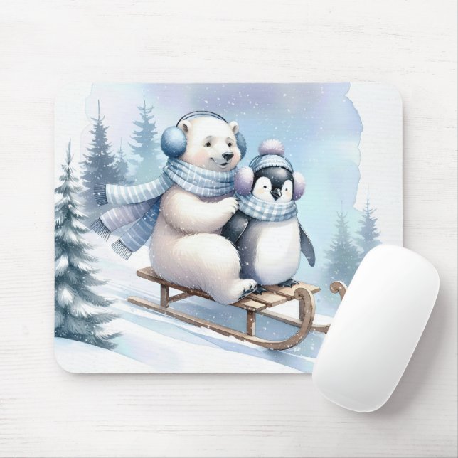 Tapis De Souris Ours pingouin et polaire sur un traîneau (Avec souris)