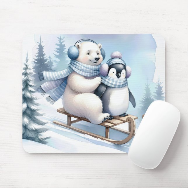 Tapis De Souris Ours polaire et pingouin sur un traîneau (Avec souris)