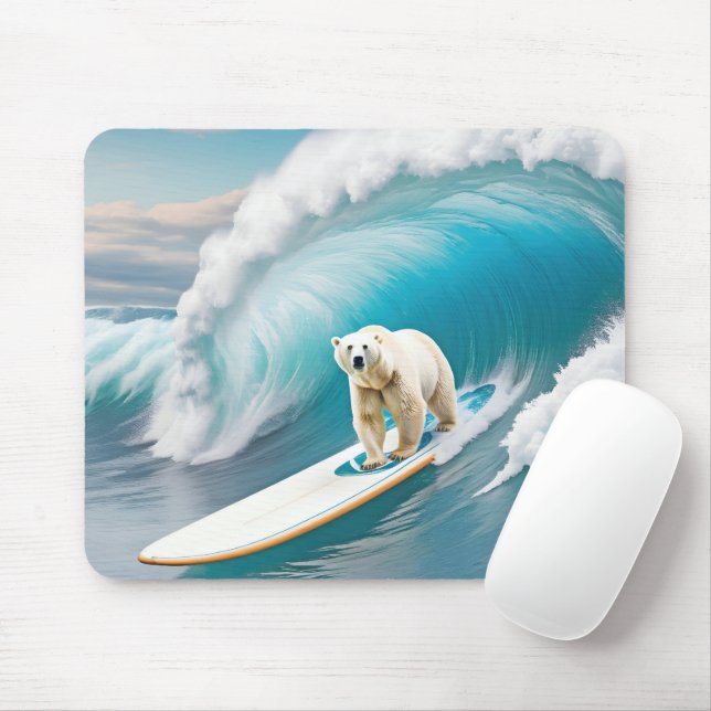Tapis De Souris Ours Polaire Surfant Sur Un Surf (Avec souris)