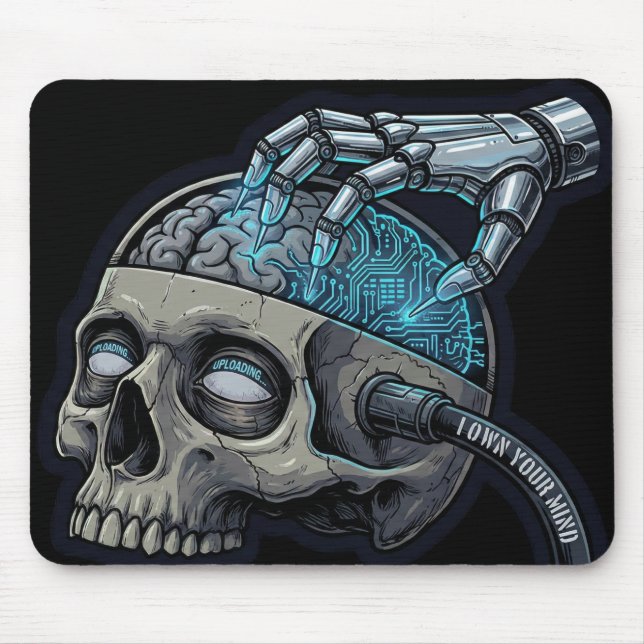 Tapis De Souris Own Your Mind – Cyberpunk Skull Brain Upload (Devant)