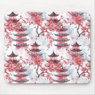 Tapis De Souris Pagode chinoise aquarelle aux fleurs de cerisiers 