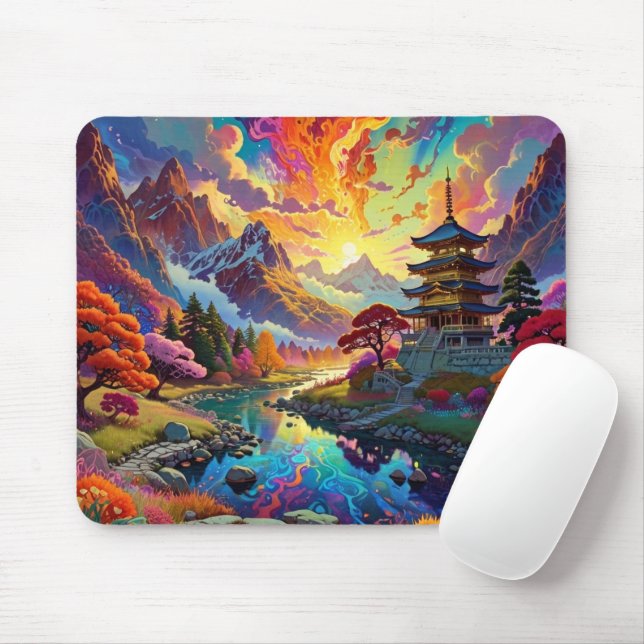 Tapis De Souris Pagode et paysage coloré (Avec souris)