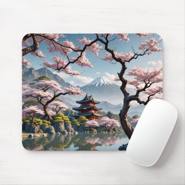 Tapis De Souris Pagode japonaise et fleurs de cerisiers (Avec souris)