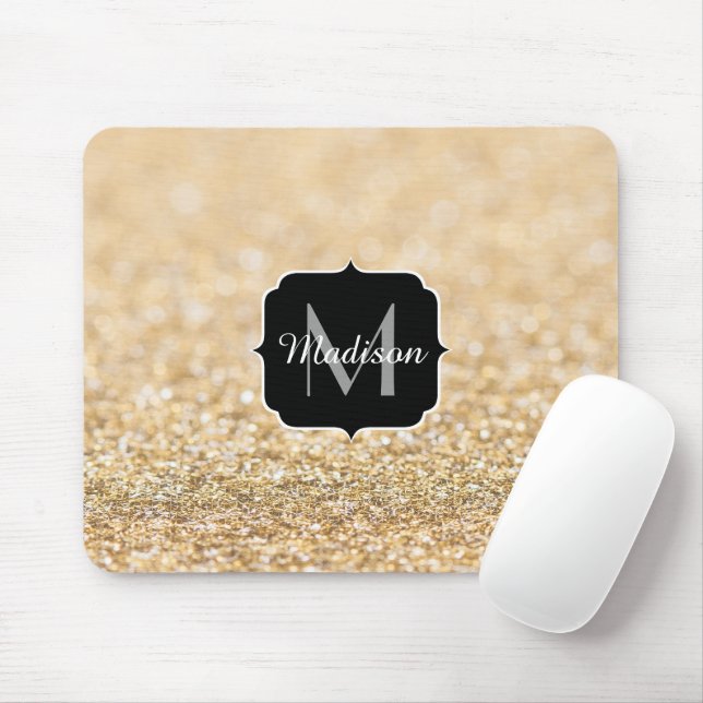 Tapis De Souris Paillettes de fausse dorure champagne Monogramme (Avec souris)