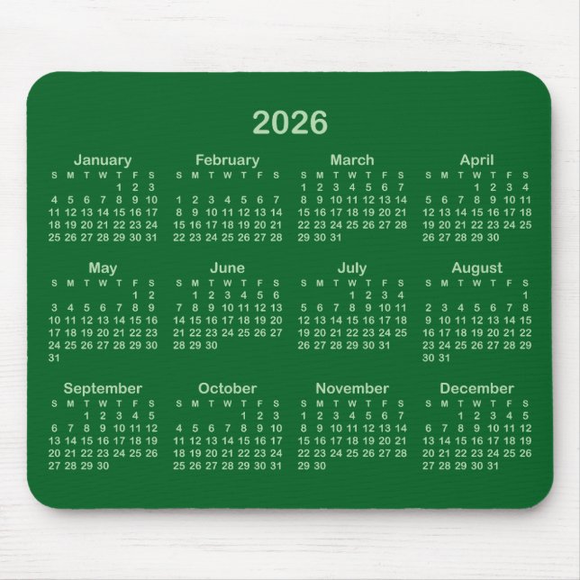 Tapis De Souris Pale and Forest Green 2026 Calendar (Devant)
