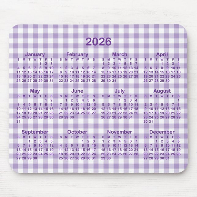 Tapis De Souris Pale and Royal Purple Gingham Plaid 2026 Calendar (Devant)