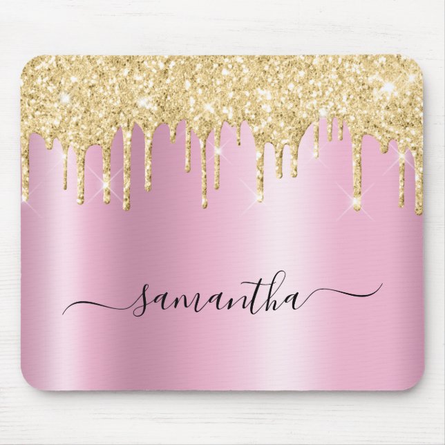 Tapis De Souris Pale Gold Glitter Drips Pink Shimmer (Devant)