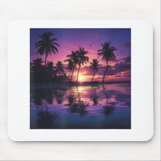 Tapis De Souris Palmiers de la plage au coucher de soleil violet 