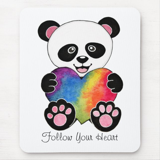 Tapis De Souris Panda Aquarelle Cute Avec Coeur Arc En Ciel (Devant)