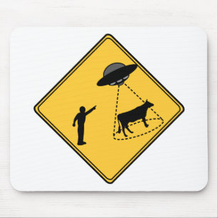 Tapis De Souris Panneau routier - Vache et ovnis