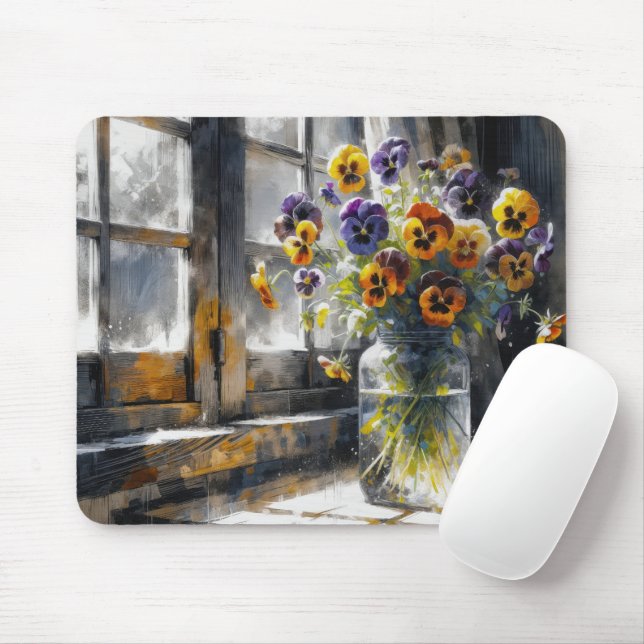 Tapis De Souris Pansies dans un bocal de verre (Avec souris)